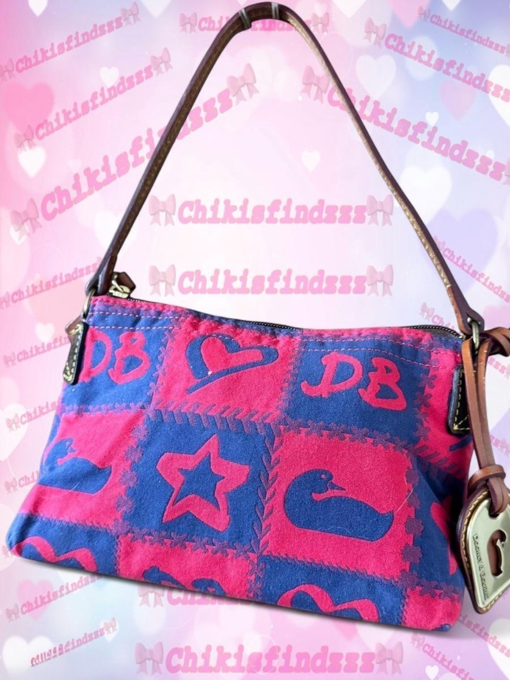 Dooney & Bourke Red and Blue Patchwork Iconic Mini Bag with Duck Charm EUC
